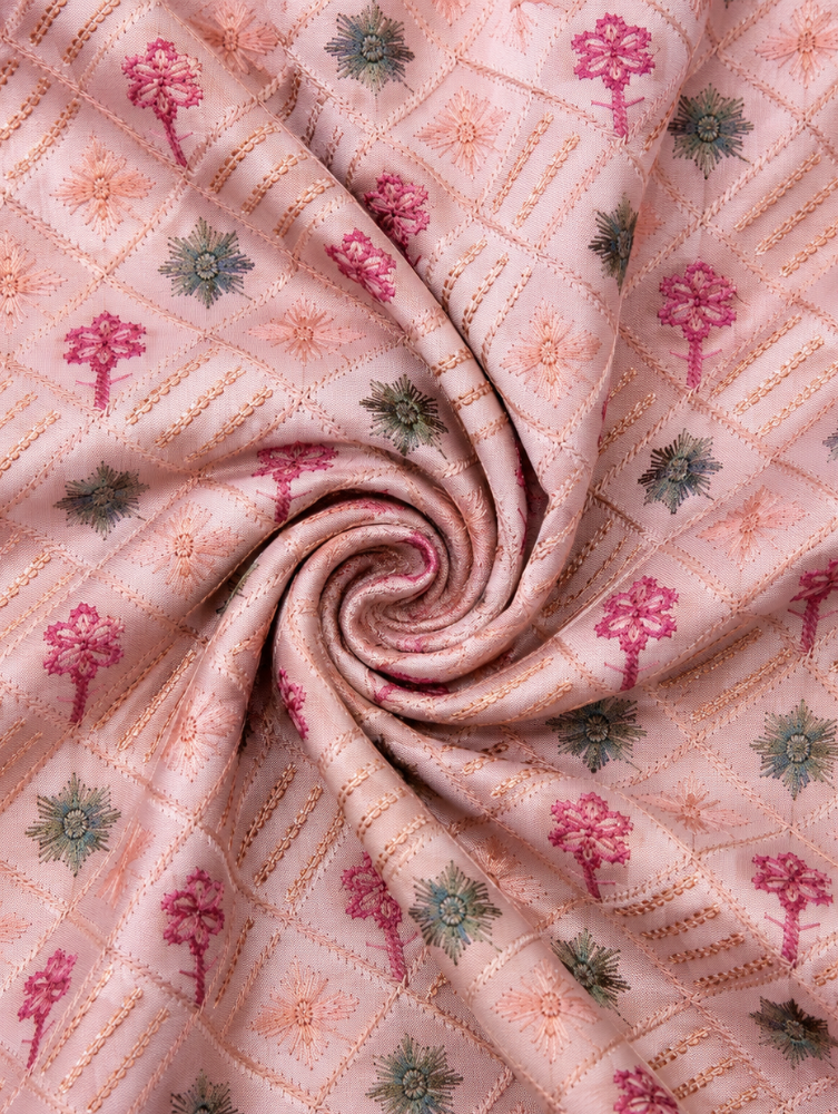 Blush Pink Floral Embroidered Cotton Fabric